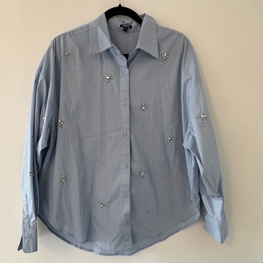 Express Light Blue Embellished Button-Up Blouse